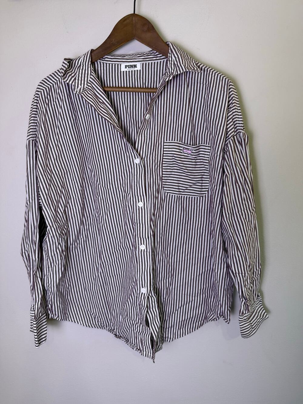 PINK Victoria’s Secret Striped Button Down Shirt Dog Logo Oversized L XL